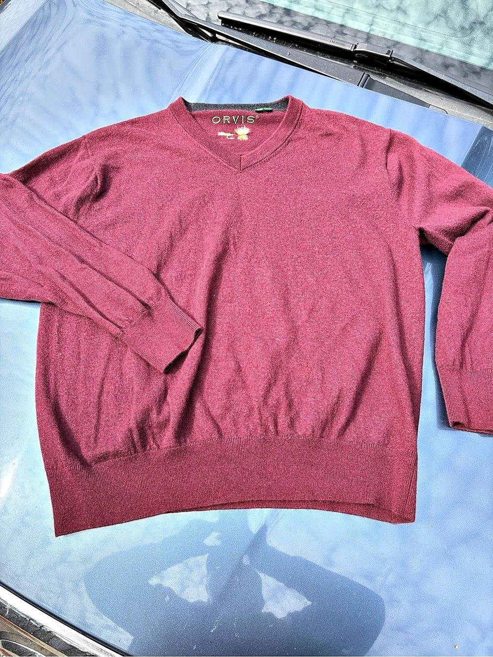 Orvis Merino Wool V-Neck Sweater with Fly Fishing Logo Red